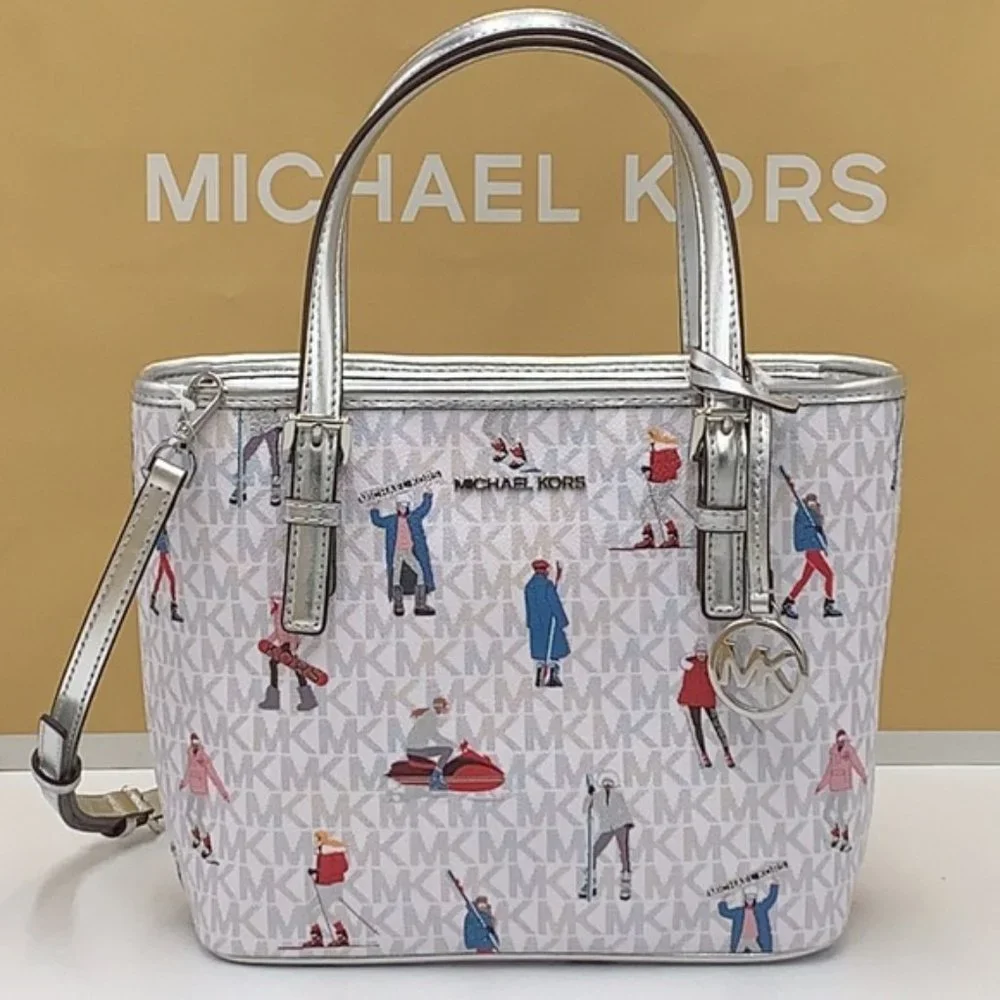 Michael Kors Jet Set Girls Print White Signature XS Carryall Top Zip Tote - Picture 2 of 16